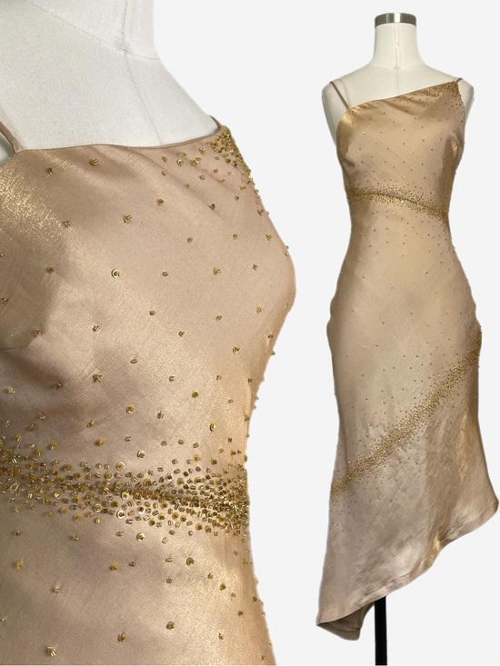 Vintage Dresses & Skirts - Vintage Y2K Niki Livas Gold sequin beaded open back asymmetric midi dress XS